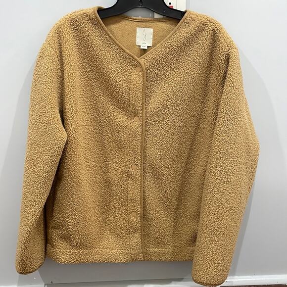 Joie Sherpa Teddy Collarless Brown Cream Button Up Jacket NWOT - Picture 1 of 5